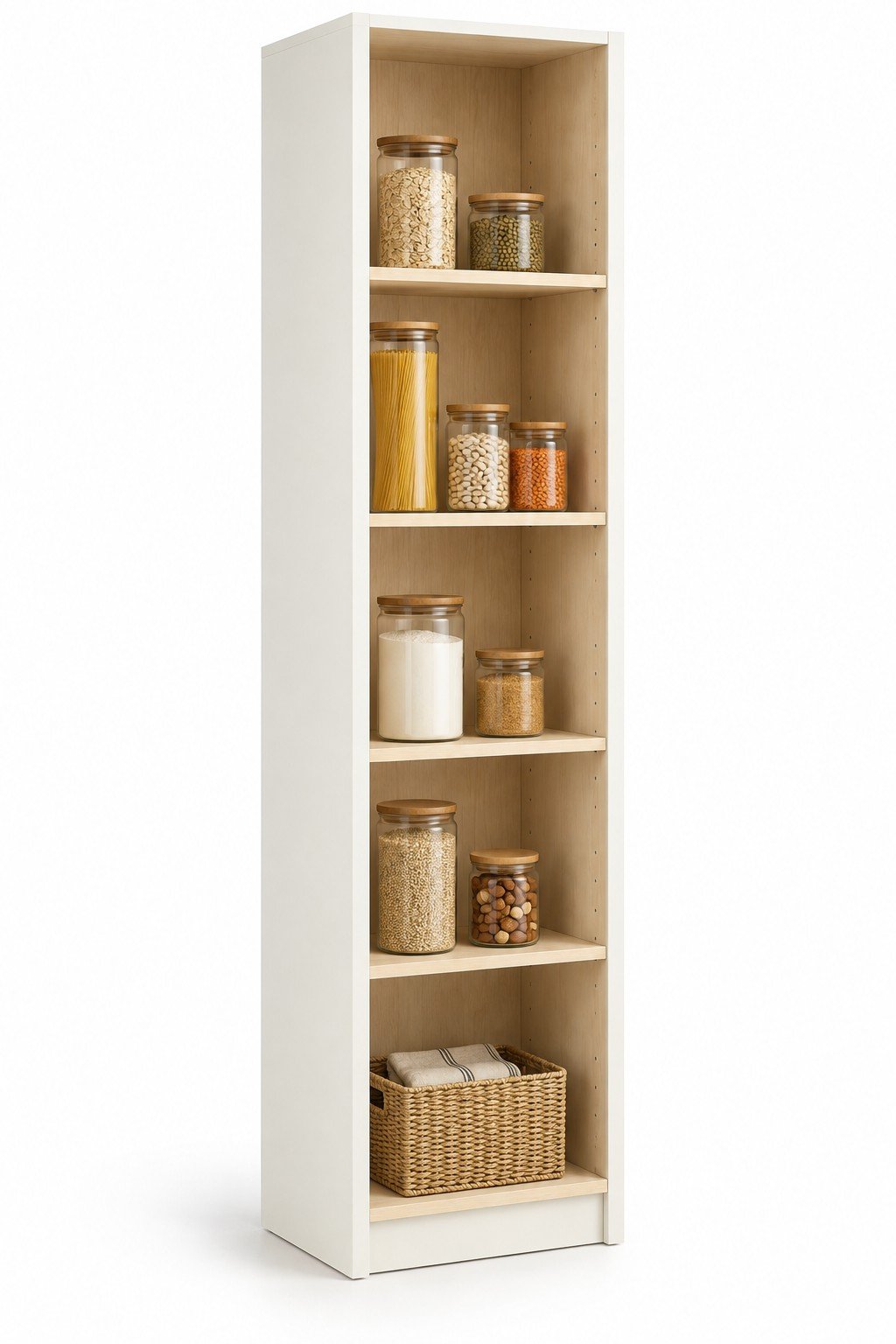Tall pantry cabinet with open shelving