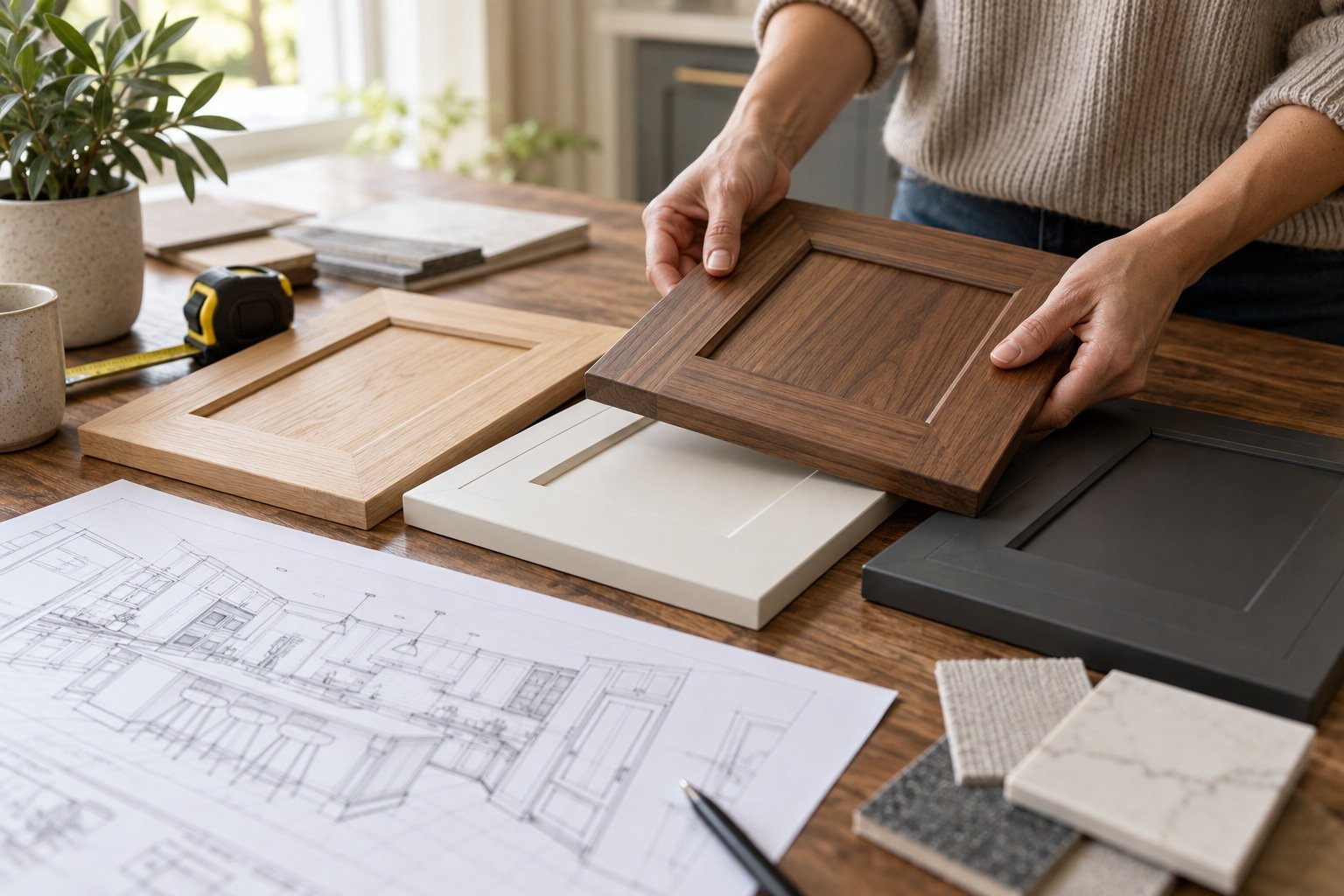 Designer comparing cabinet finishes and wood samples over kitchen plans