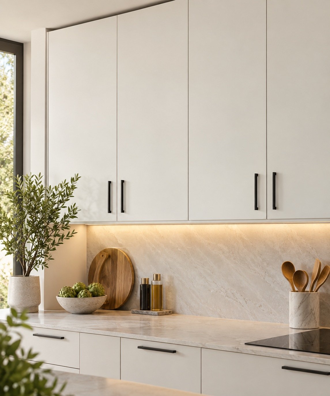 White wall cabinets above a marble benchtop